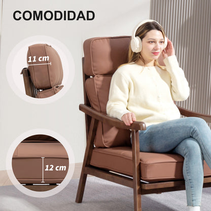 Living Room Armchair Upholstered in PU with Wooden Frame Thick Padded Cushions High Backrest Load 150 kg Reading Armchair for Living Room Bedroom Brown and Walnut Wood