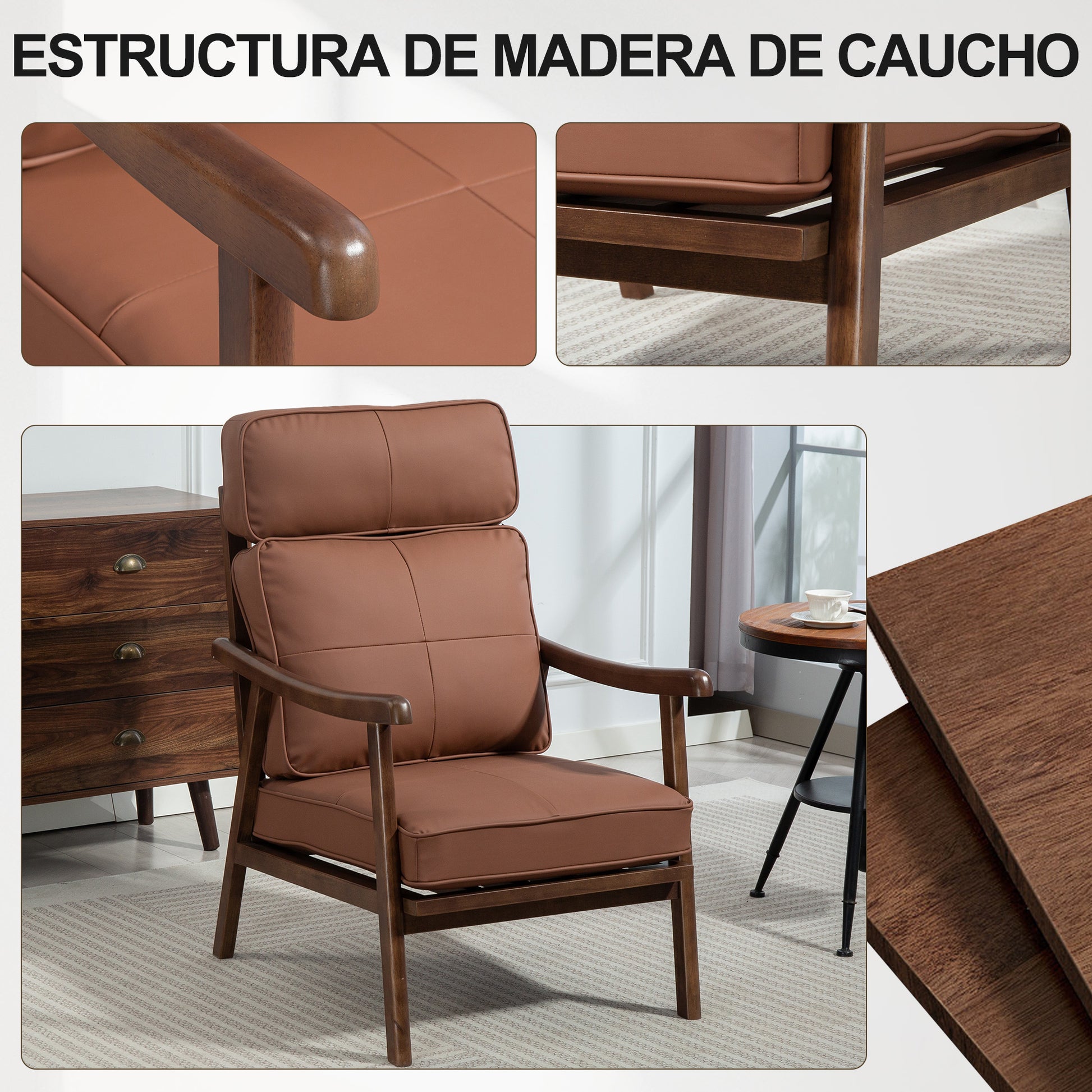 Living Room Armchair Upholstered in PU with Wooden Frame Thick Padded Cushions High Backrest Load 150 kg Reading Armchair for Living Room Bedroom Brown and Walnut Wood