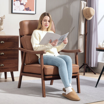 Living Room Armchair Upholstered in PU with Wooden Frame Thick Padded Cushions High Backrest Load 150 kg Reading Armchair for Living Room Bedroom Brown and Walnut Wood