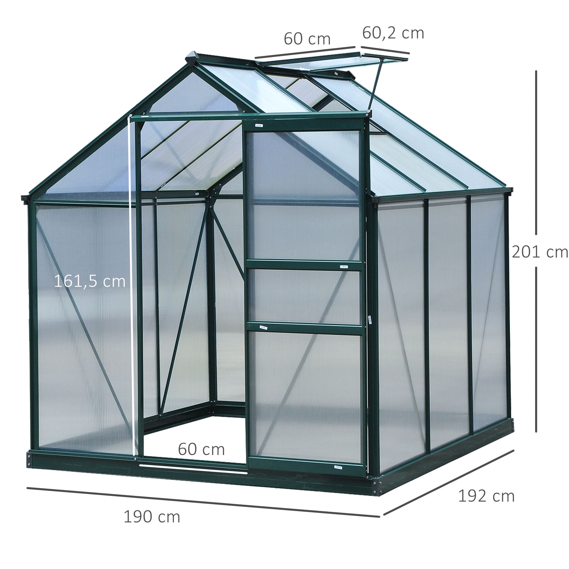 Polycarbonate Garden Greenhouse 3.65m² Aluminum Garden Greenhouse 190 x 192 x 201cm UV-Resistant, with Reinforced Foundation, Gutters, Skylight, and Sliding Door, Dark Green