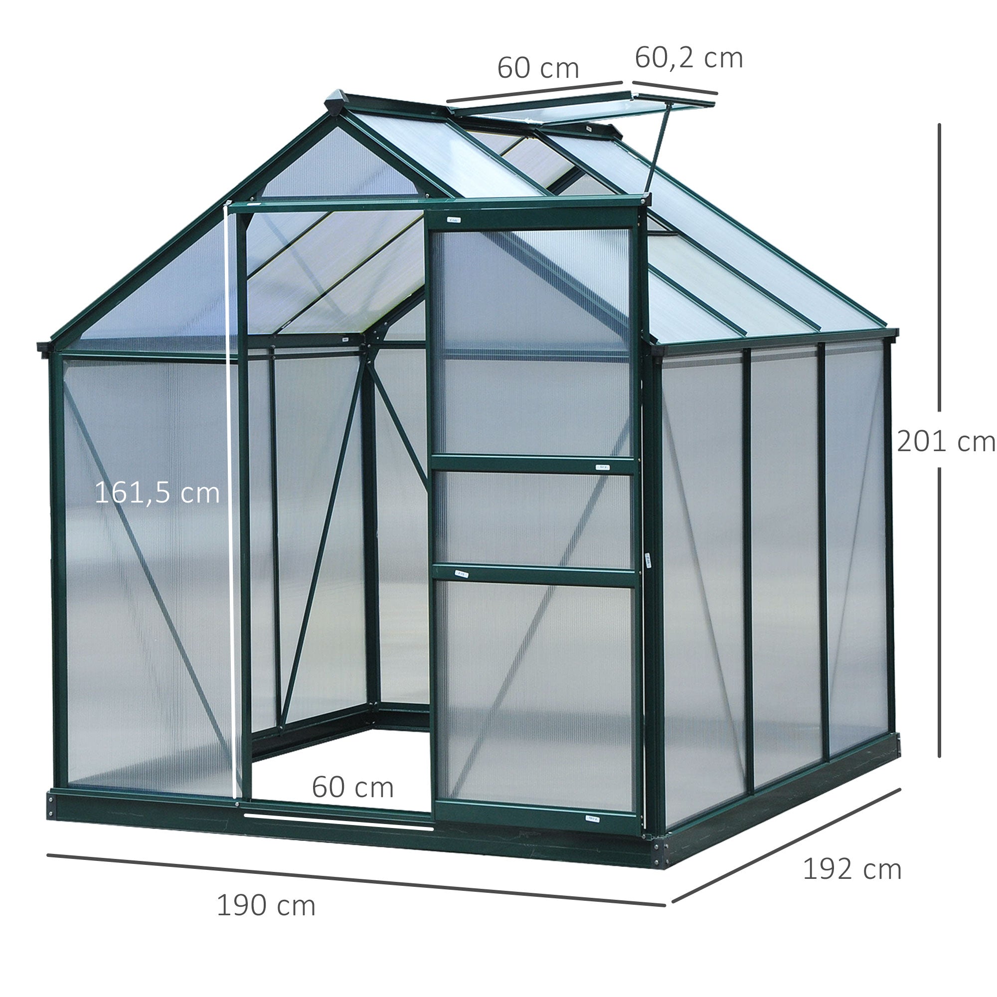 Polycarbonate Garden Greenhouse 3.65m² Aluminum Garden Greenhouse 190 x 192 x 201cm UV-Resistant, with Reinforced Foundation, Gutters, Skylight, and Sliding Door, Dark Green