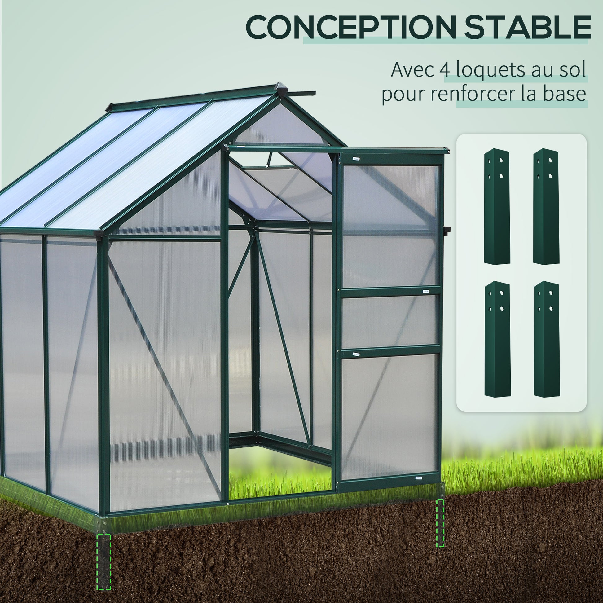 Polycarbonate Garden Greenhouse 3.65m² Aluminum Garden Greenhouse 190 x 192 x 201cm UV-Resistant, with Reinforced Foundation, Gutters, Skylight, and Sliding Door, Dark Green