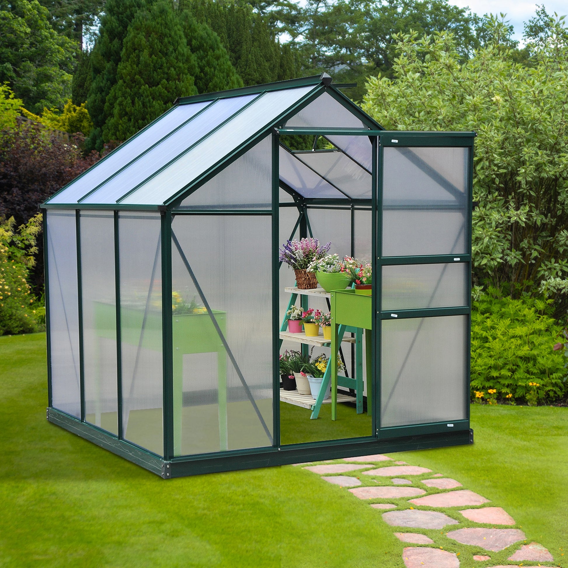 Polycarbonate Garden Greenhouse 3.65m² Aluminum Garden Greenhouse 190 x 192 x 201cm UV-Resistant, with Reinforced Foundation, Gutters, Skylight, and Sliding Door, Dark Green