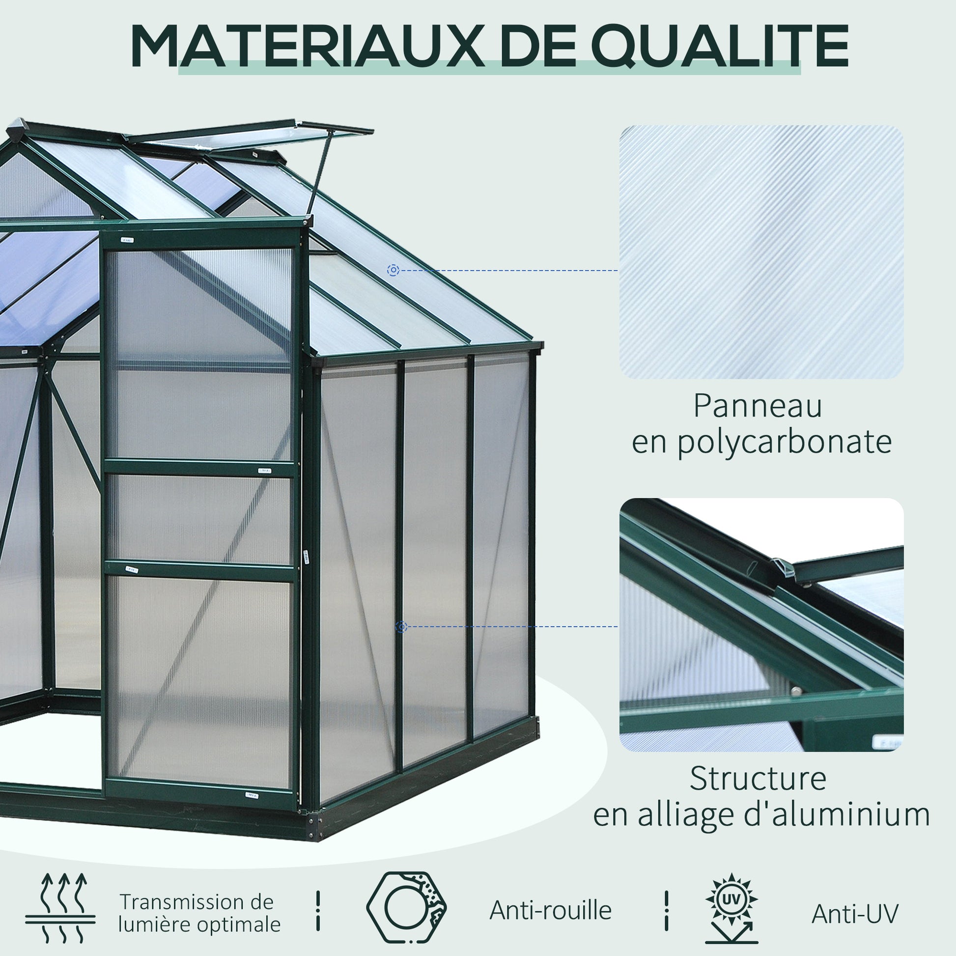 Polycarbonate Garden Greenhouse 3.65m² Aluminum Garden Greenhouse 190 x 192 x 201cm UV-Resistant, with Reinforced Foundation, Gutters, Skylight, and Sliding Door, Dark Green