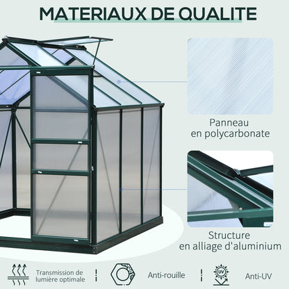 Polycarbonate Garden Greenhouse 3.65m² Aluminum Garden Greenhouse 190 x 192 x 201cm UV-Resistant, with Reinforced Foundation, Gutters, Skylight, and Sliding Door, Dark Green
