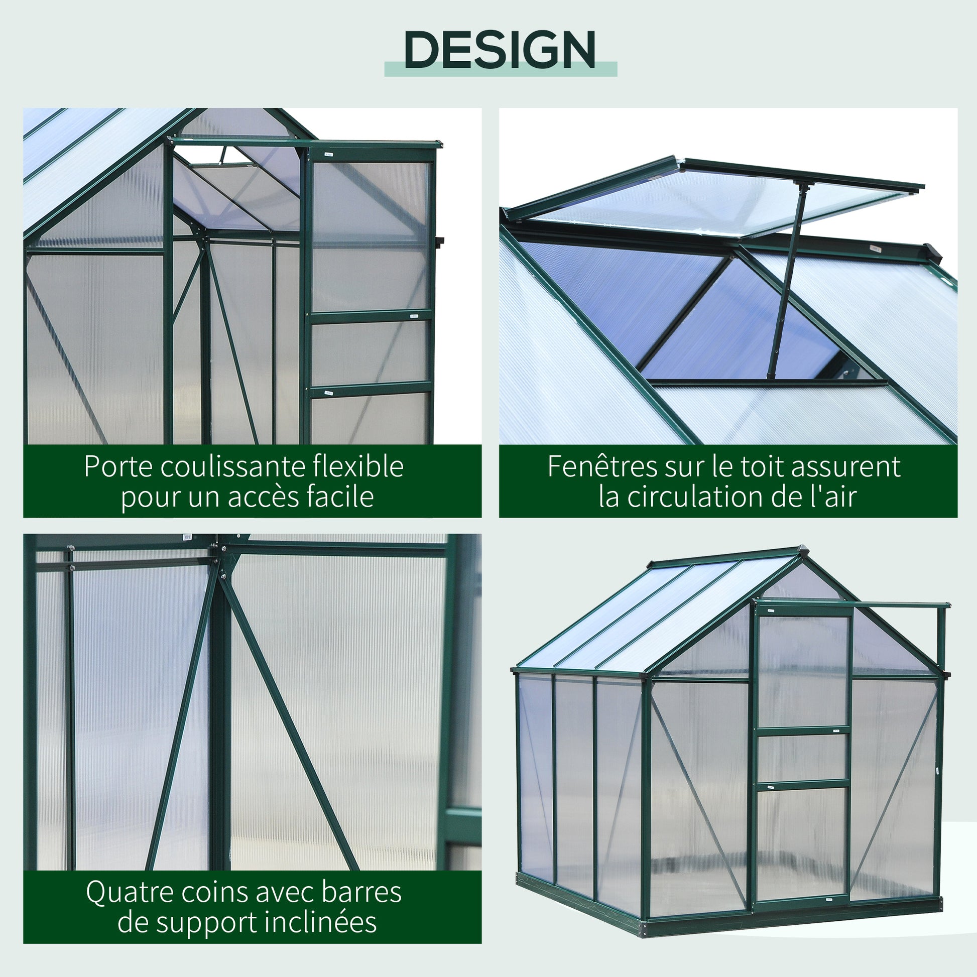 Polycarbonate Garden Greenhouse 3.65m² Aluminum Garden Greenhouse 190 x 192 x 201cm UV-Resistant, with Reinforced Foundation, Gutters, Skylight, and Sliding Door, Dark Green
