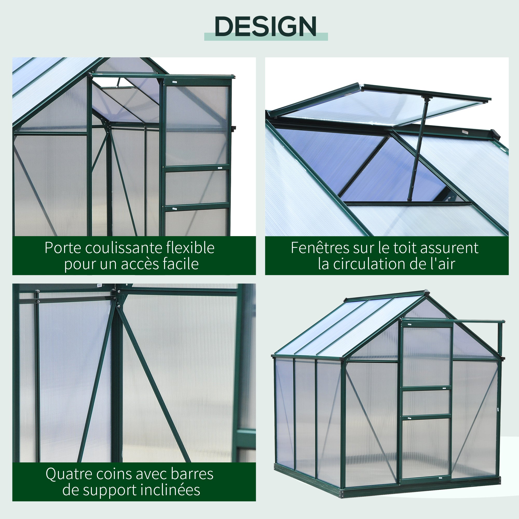 Polycarbonate Garden Greenhouse 3.65m² Aluminum Garden Greenhouse 190 x 192 x 201cm UV-Resistant, with Reinforced Foundation, Gutters, Skylight, and Sliding Door, Dark Green