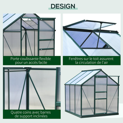 Polycarbonate Garden Greenhouse 3.65m² Aluminum Garden Greenhouse 190 x 192 x 201cm UV-Resistant, with Reinforced Foundation, Gutters, Skylight, and Sliding Door, Dark Green