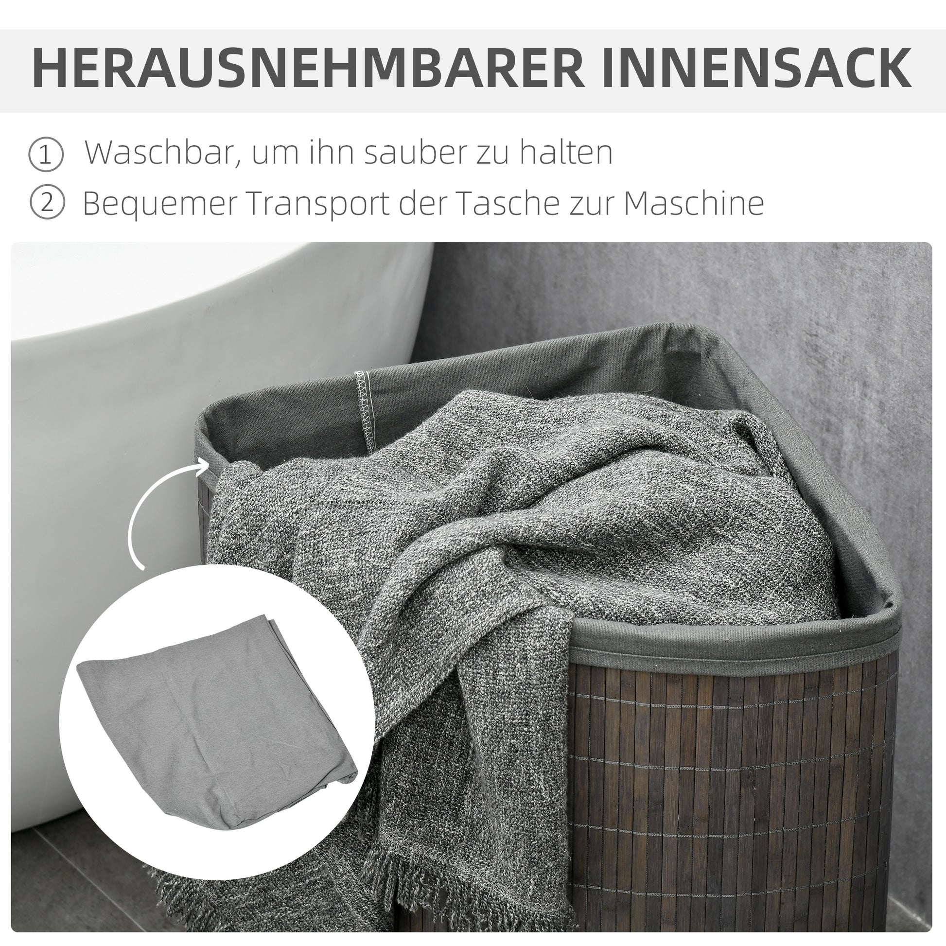 Bamboo Laundry Basket with Lid 55L Laundry Collector with Handles, Removable Laundry Bag, Corner Laundry Bin Laundry Baskets for Laundry Room Bathroom Bedroom Gray