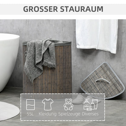 Bamboo Laundry Basket with Lid 55L Laundry Collector with Handles, Removable Laundry Bag, Corner Laundry Bin Laundry Baskets for Laundry Room Bathroom Bedroom Gray