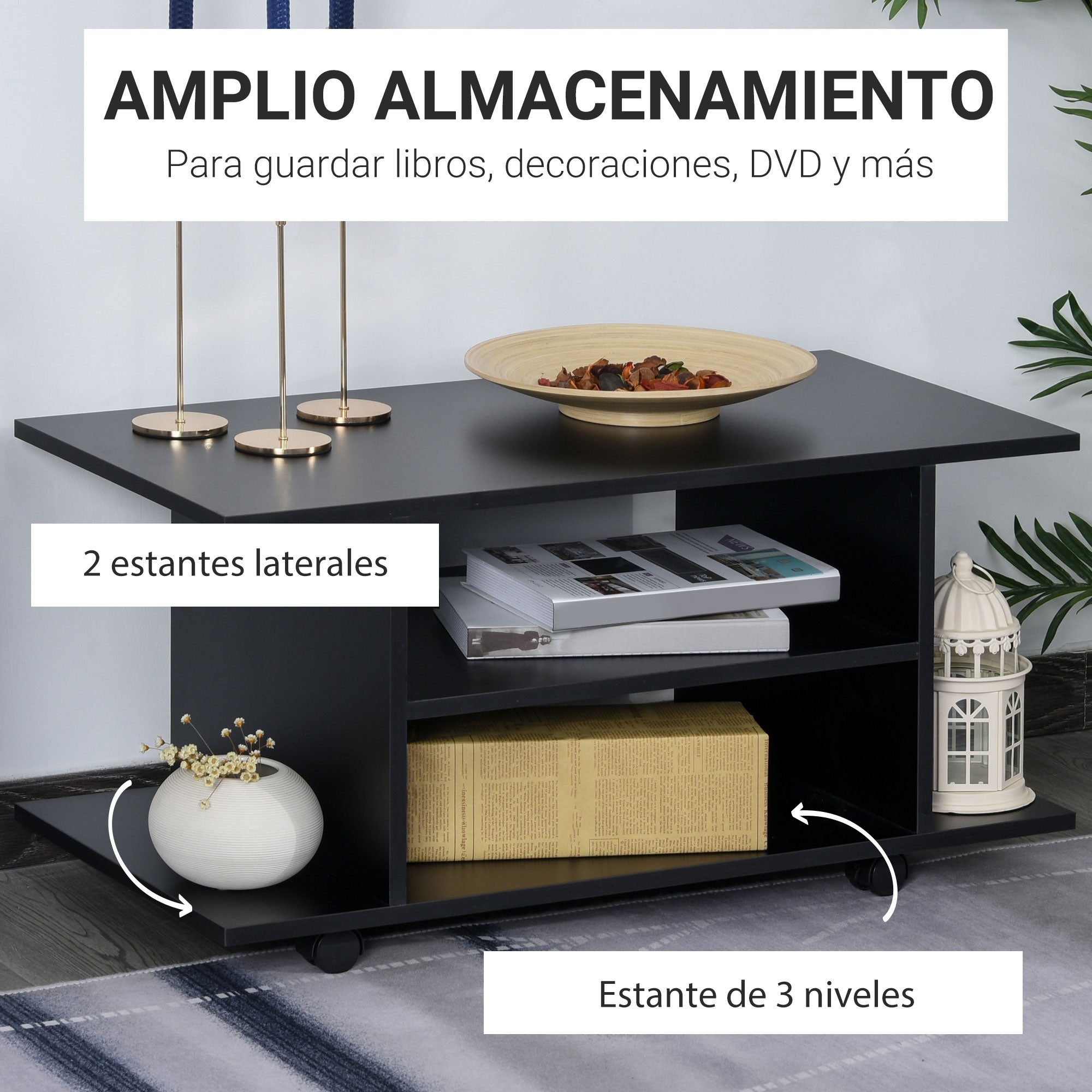TV Stand, TV Unit with Shelves and Lockable Wheels Melamine Surface 80x40x40 cm Black