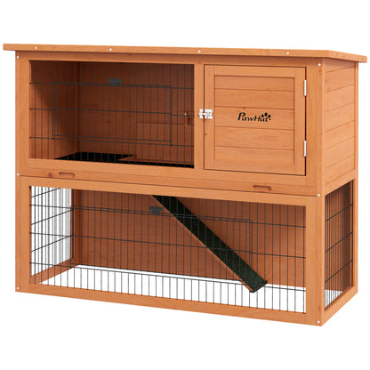 Rabbit Hutch Rabbit Cage 2 Levels with 3 Lockable Doors Sliding Tray Ramp and Bitumen Roof Solid Wood, 120 x 50 x 92 cm, Orange