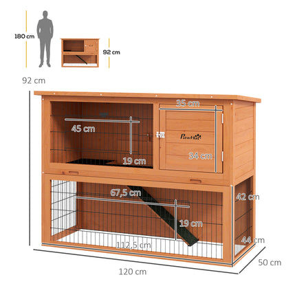 Rabbit Hutch Rabbit Cage 2 Levels with 3 Lockable Doors Sliding Tray Ramp and Bitumen Roof Solid Wood, 120 x 50 x 92 cm, Orange