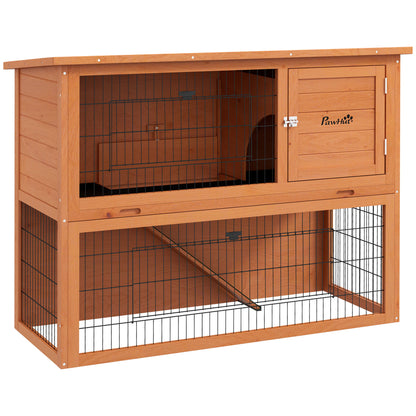 Rabbit Hutch Rabbit Cage 2 Levels with 3 Lockable Doors Sliding Tray Ramp and Bitumen Roof Solid Wood, 120 x 50 x 92 cm, Orange