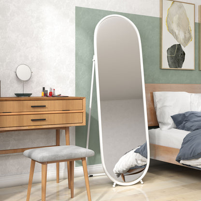 Full Body Mirror, 160 x 40 cm Wall Mirror with Stand, Metal Frame, Oval Floor Mirror for Living Room, Bedroom, White