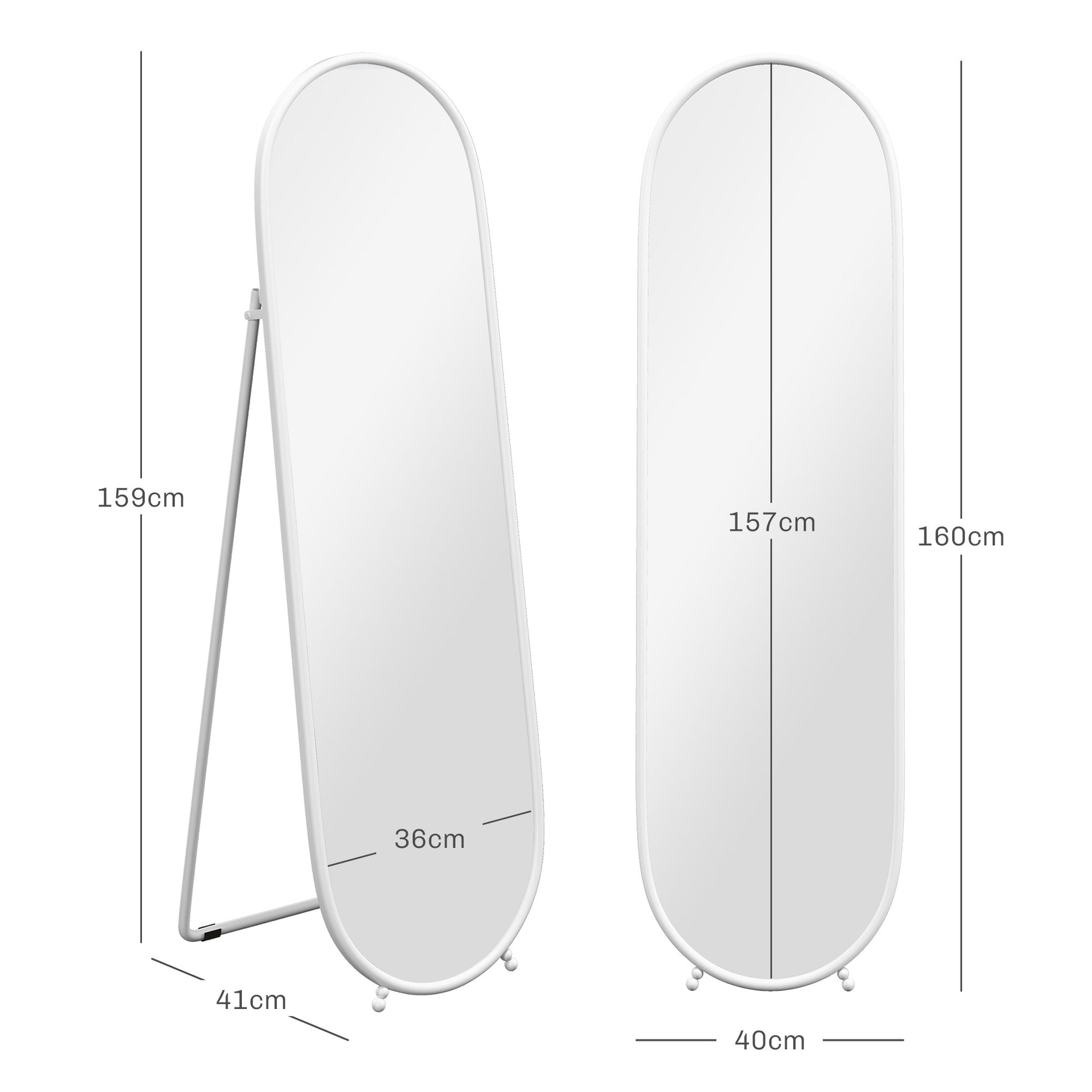 Full Body Mirror, 160 x 40 cm Wall Mirror with Stand, Metal Frame, Oval Floor Mirror for Living Room, Bedroom, White