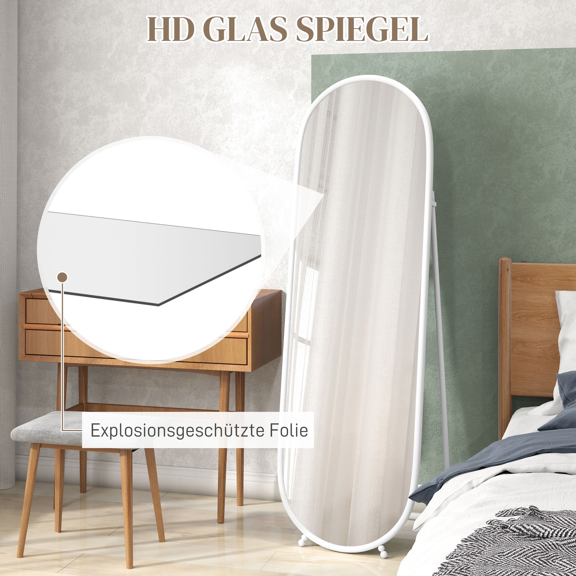 Full Body Mirror, 160 x 40 cm Wall Mirror with Stand, Metal Frame, Oval Floor Mirror for Living Room, Bedroom, White