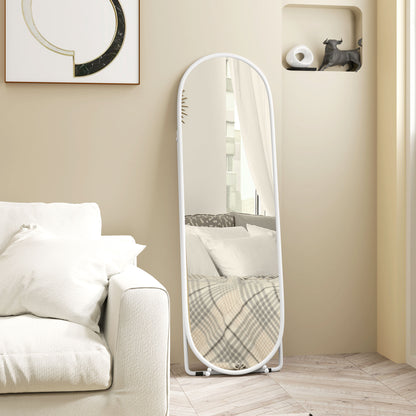 Full Body Mirror, 160 x 40 cm Wall Mirror with Stand, Metal Frame, Oval Floor Mirror for Living Room, Bedroom, White