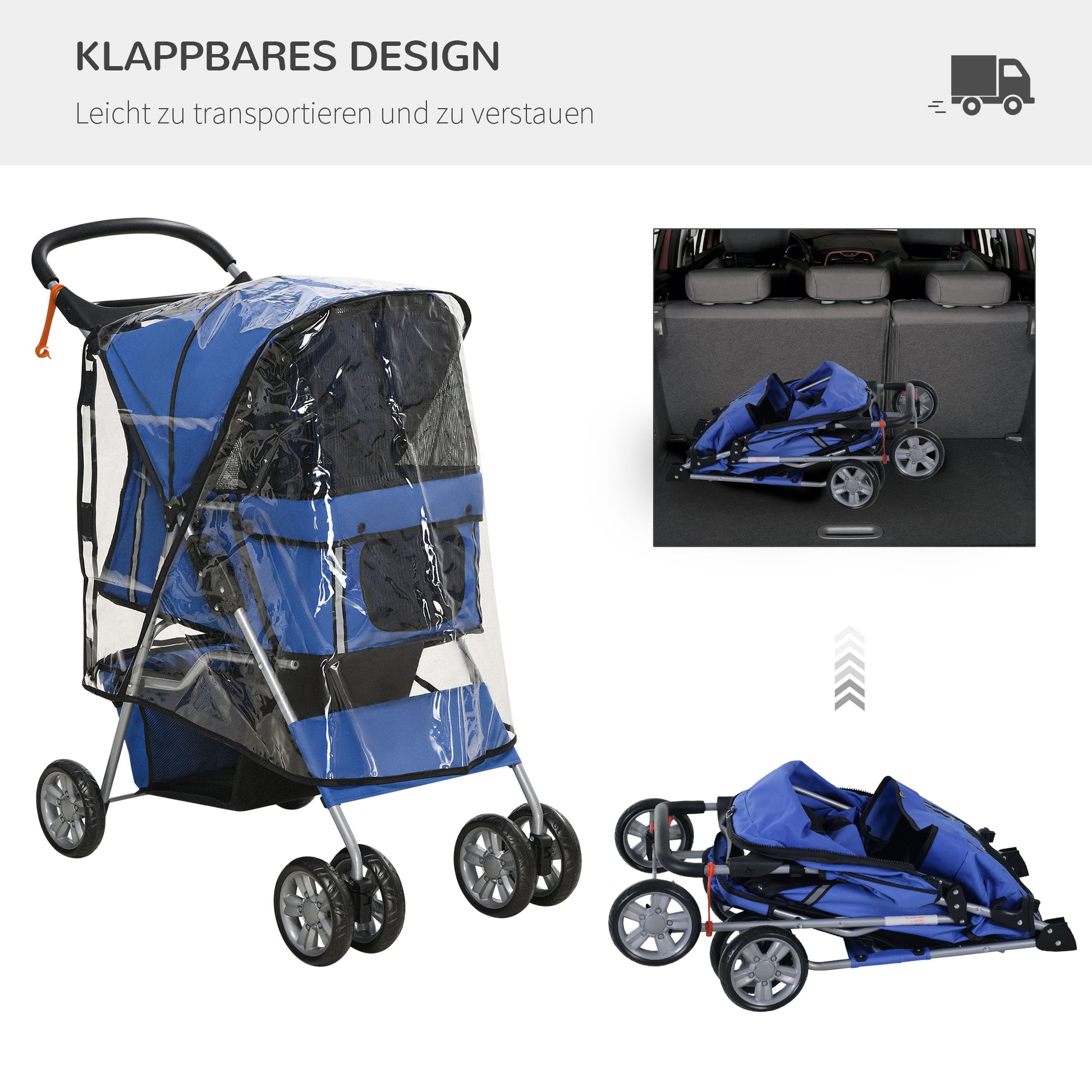 Dog Buggy, Dog Cart with Rain Cover, Foldable Dog Trolley up to 10 kg, Cat Buggy for Small Dogs with Cup Holder, Mesh Window, Cat Cart, Blue, 75 x 45 x 97 cm