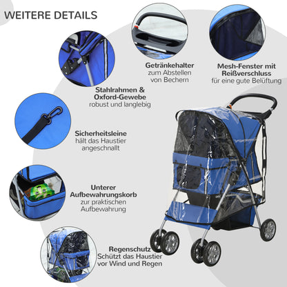 Dog Buggy, Dog Cart with Rain Cover, Foldable Dog Trolley up to 10 kg, Cat Buggy for Small Dogs with Cup Holder, Mesh Window, Cat Cart, Blue, 75 x 45 x 97 cm
