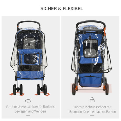 Dog Buggy, Dog Cart with Rain Cover, Foldable Dog Trolley up to 10 kg, Cat Buggy for Small Dogs with Cup Holder, Mesh Window, Cat Cart, Blue, 75 x 45 x 97 cm