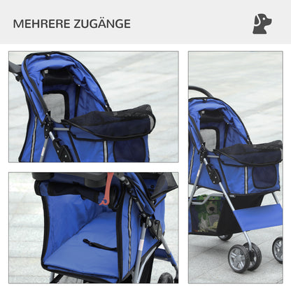 Dog Buggy, Dog Cart with Rain Cover, Foldable Dog Trolley up to 10 kg, Cat Buggy for Small Dogs with Cup Holder, Mesh Window, Cat Cart, Blue, 75 x 45 x 97 cm