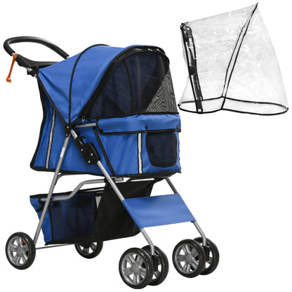 Dog Buggy, Dog Cart with Rain Cover, Foldable Dog Trolley up to 10 kg, Cat Buggy for Small Dogs with Cup Holder, Mesh Window, Cat Cart, Blue, 75 x 45 x 97 cm
