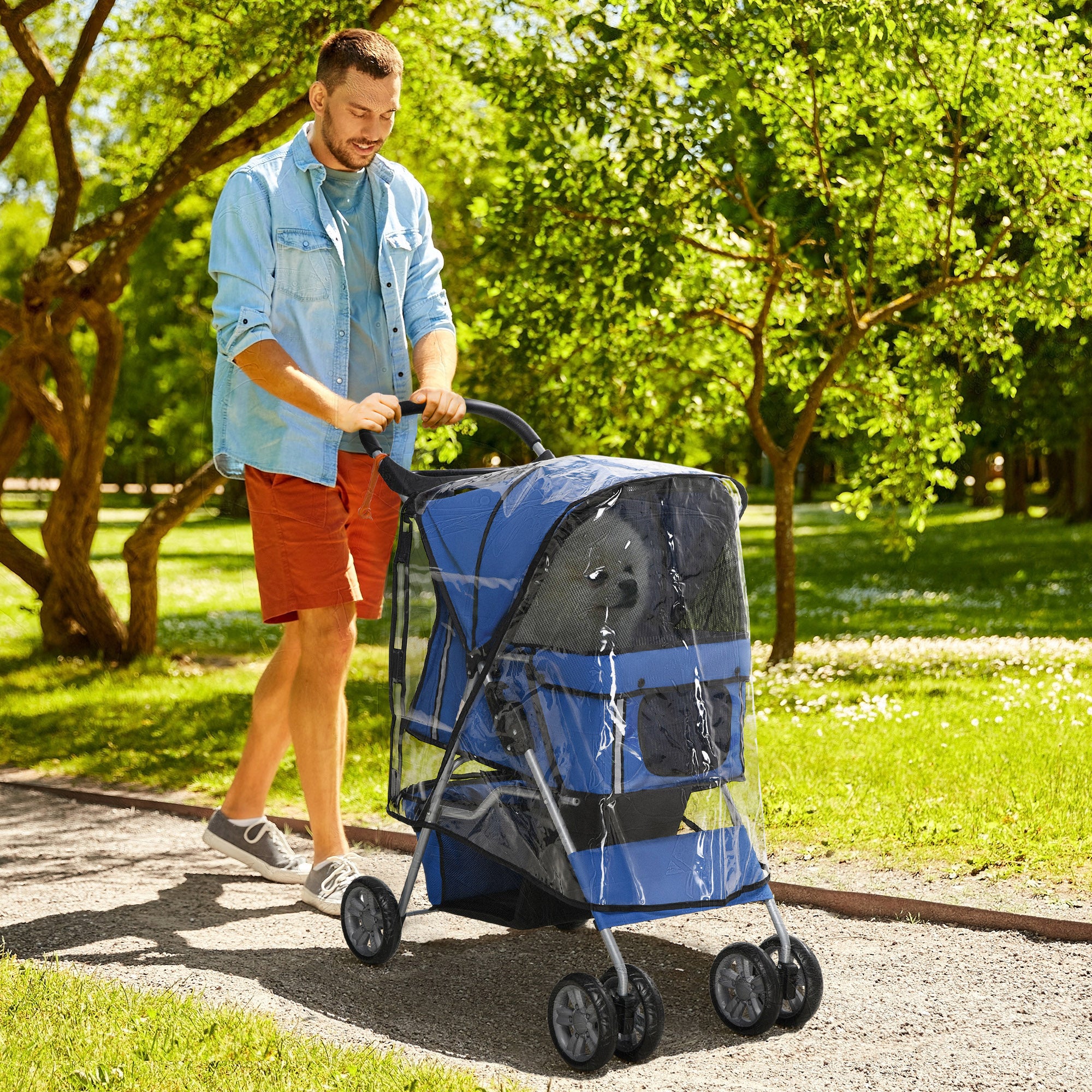 Dog Buggy, Dog Cart with Rain Cover, Foldable Dog Trolley up to 10 kg, Cat Buggy for Small Dogs with Cup Holder, Mesh Window, Cat Cart, Blue, 75 x 45 x 97 cm