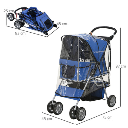 Dog Buggy, Dog Cart with Rain Cover, Foldable Dog Trolley up to 10 kg, Cat Buggy for Small Dogs with Cup Holder, Mesh Window, Cat Cart, Blue, 75 x 45 x 97 cm