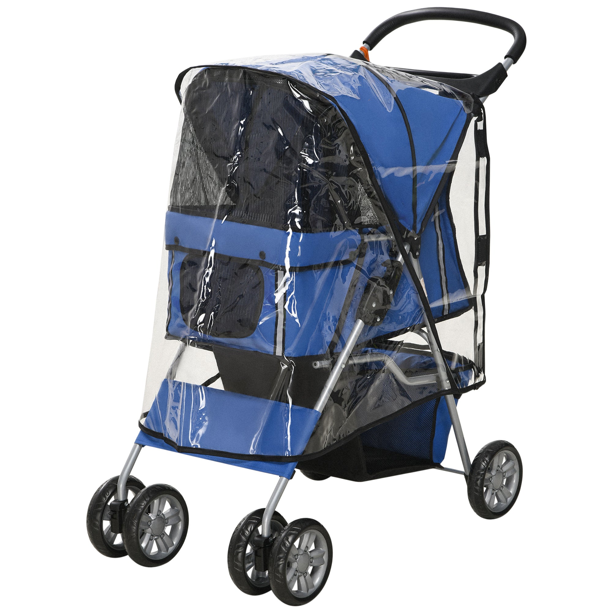Dog Buggy, Dog Cart with Rain Cover, Foldable Dog Trolley up to 10 kg, Cat Buggy for Small Dogs with Cup Holder, Mesh Window, Cat Cart, Blue, 75 x 45 x 97 cm