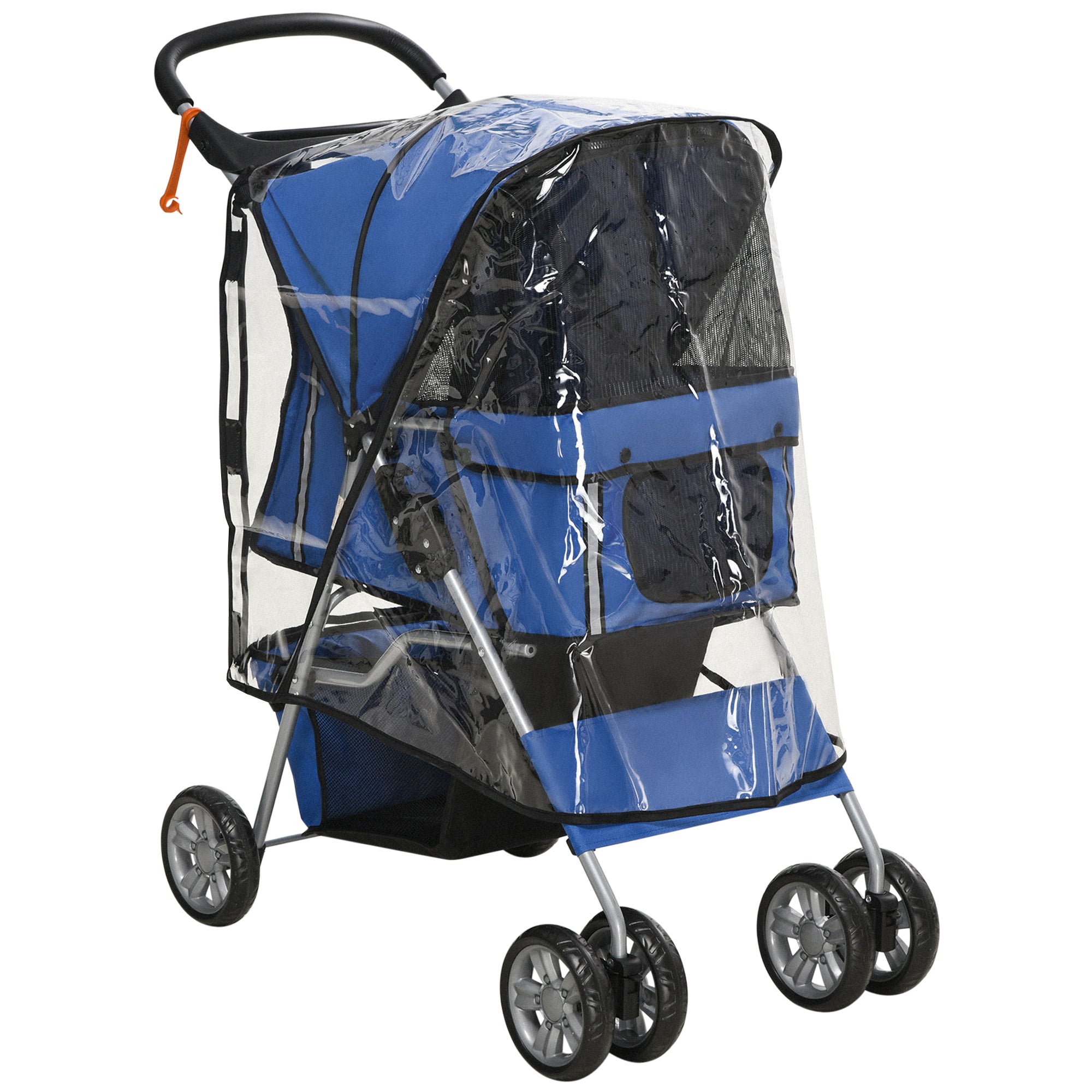 Dog Buggy, Dog Cart with Rain Cover, Foldable Dog Trolley up to 10 kg, Cat Buggy for Small Dogs with Cup Holder, Mesh Window, Cat Cart, Blue, 75 x 45 x 97 cm