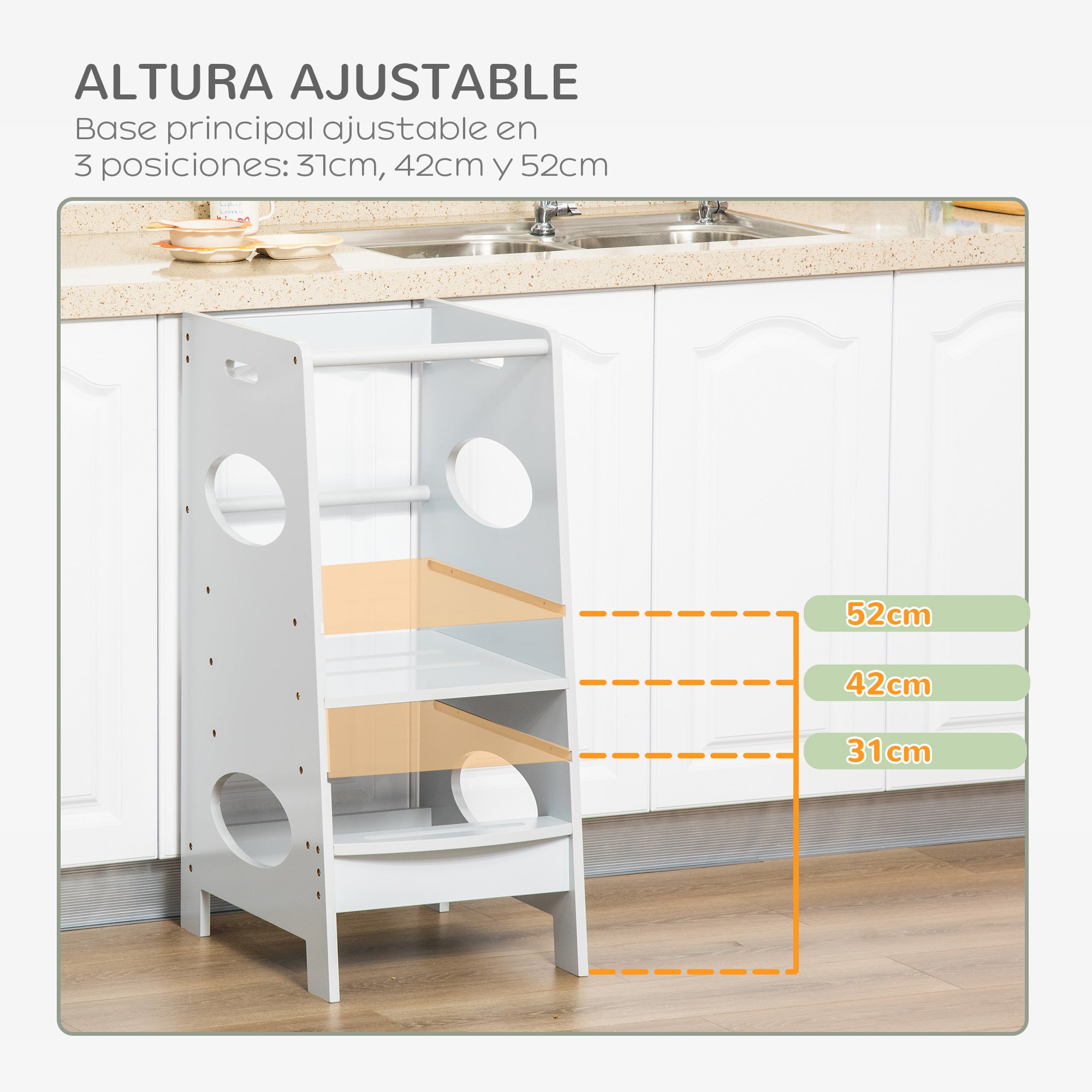 Wooden Learning Tower for Kids Child Kitchen Step Stool with Adjustable Height in 3 Positions and Safety Bar 40x50x90 cm Gray