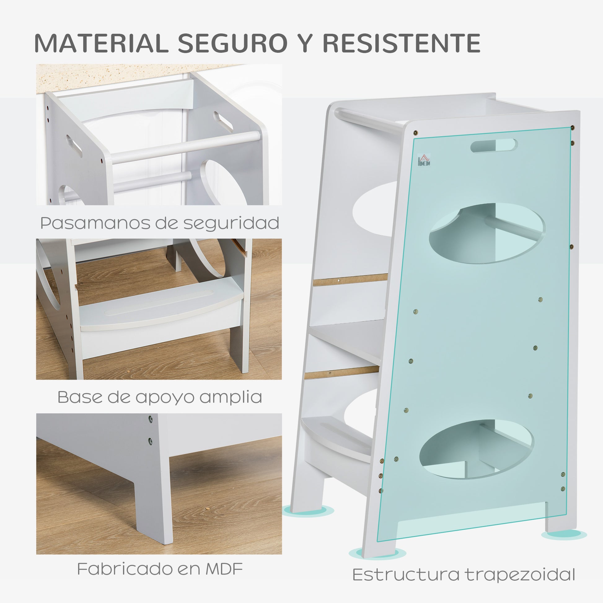 Wooden Learning Tower for Kids Child Kitchen Step Stool with Adjustable Height in 3 Positions and Safety Bar 40x50x90 cm Gray