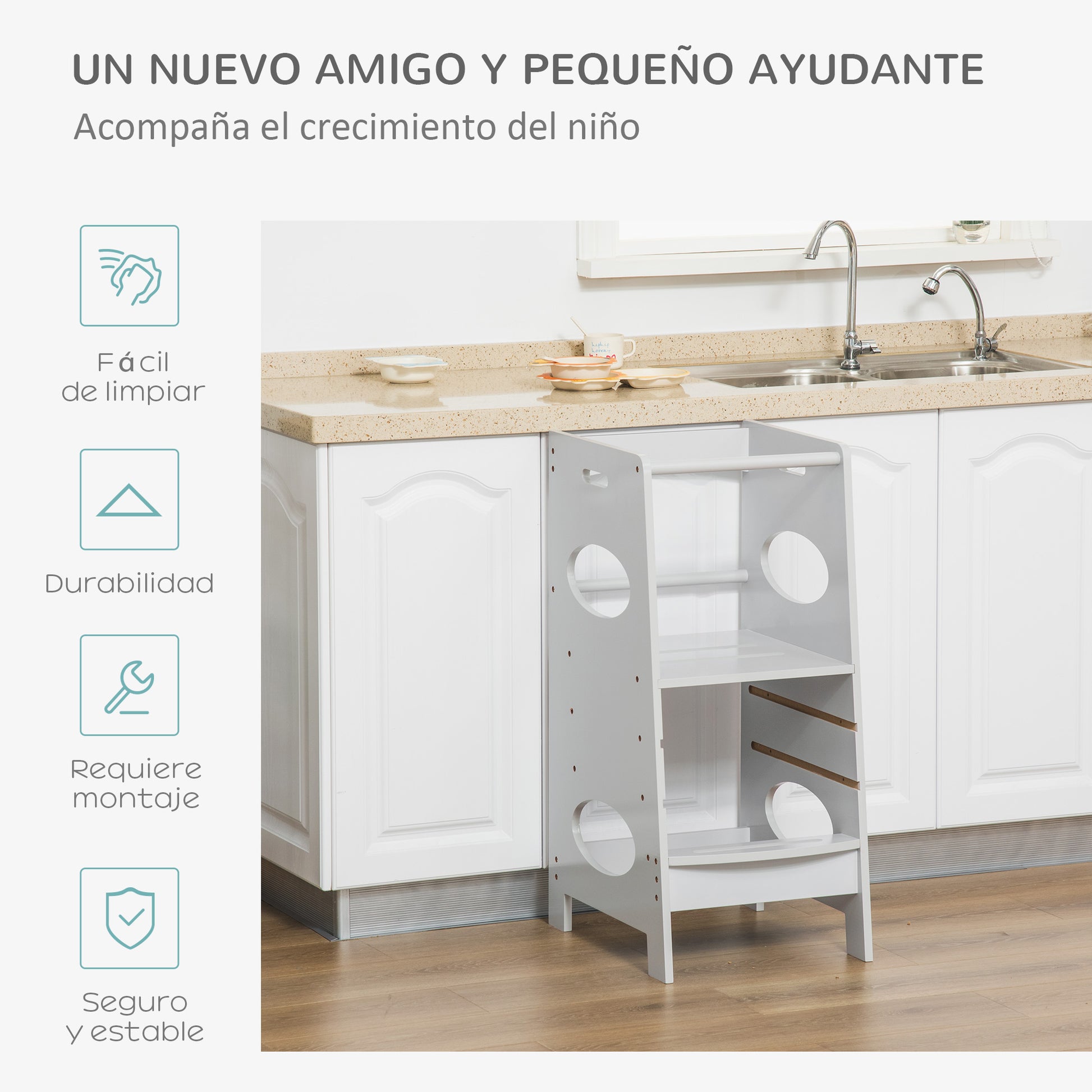 Wooden Learning Tower for Kids Child Kitchen Step Stool with Adjustable Height in 3 Positions and Safety Bar 40x50x90 cm Gray