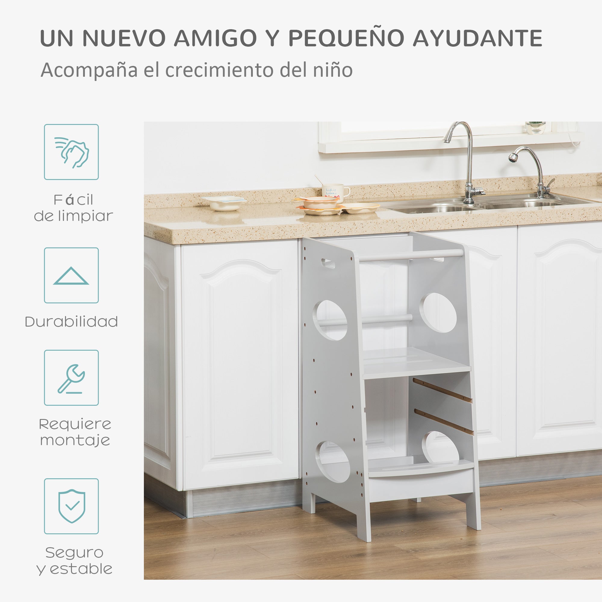 Wooden Learning Tower for Kids Child Kitchen Step Stool with Adjustable Height in 3 Positions and Safety Bar 40x50x90 cm Gray
