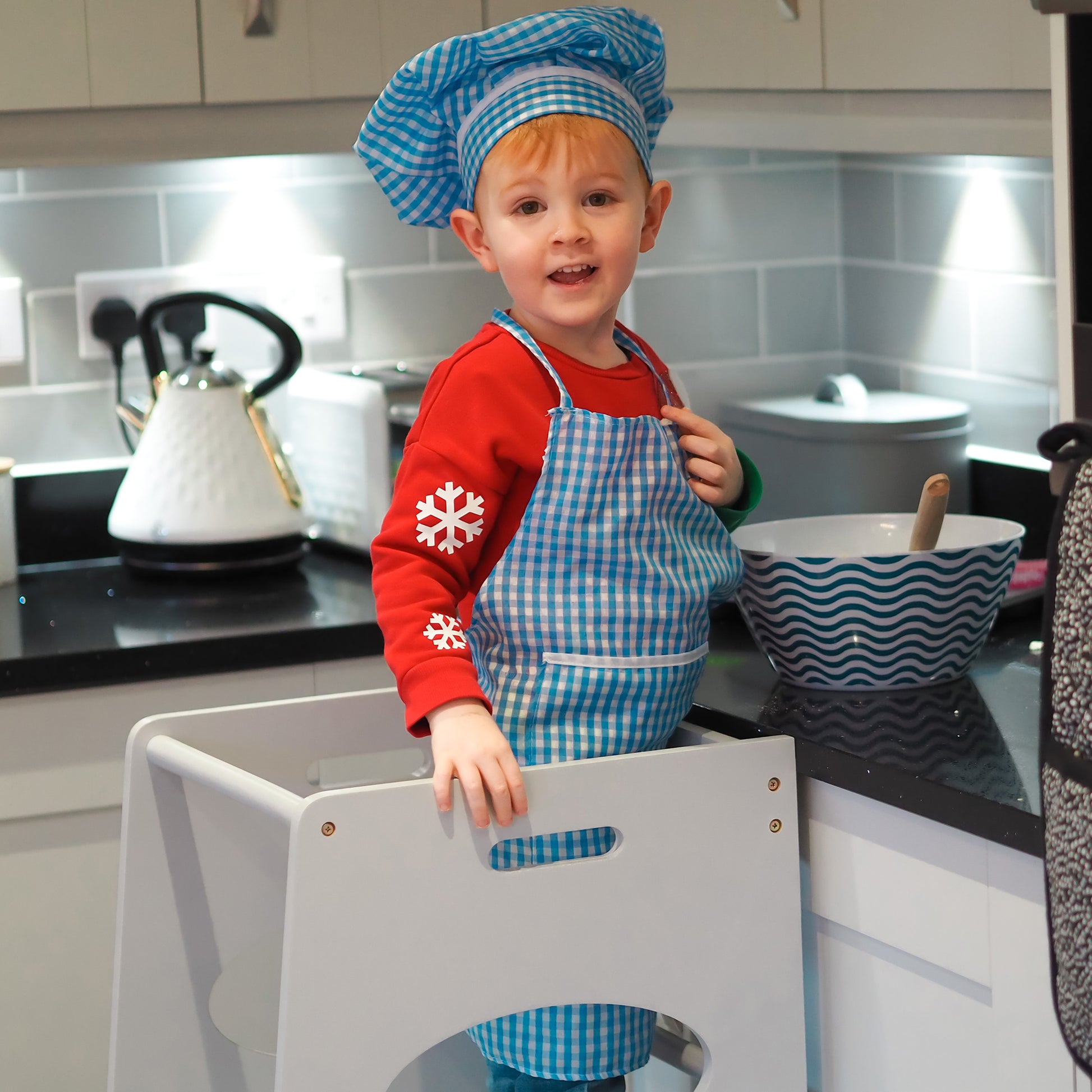 Wooden Learning Tower for Kids Child Kitchen Step Stool with Adjustable Height in 3 Positions and Safety Bar 40x50x90 cm Gray