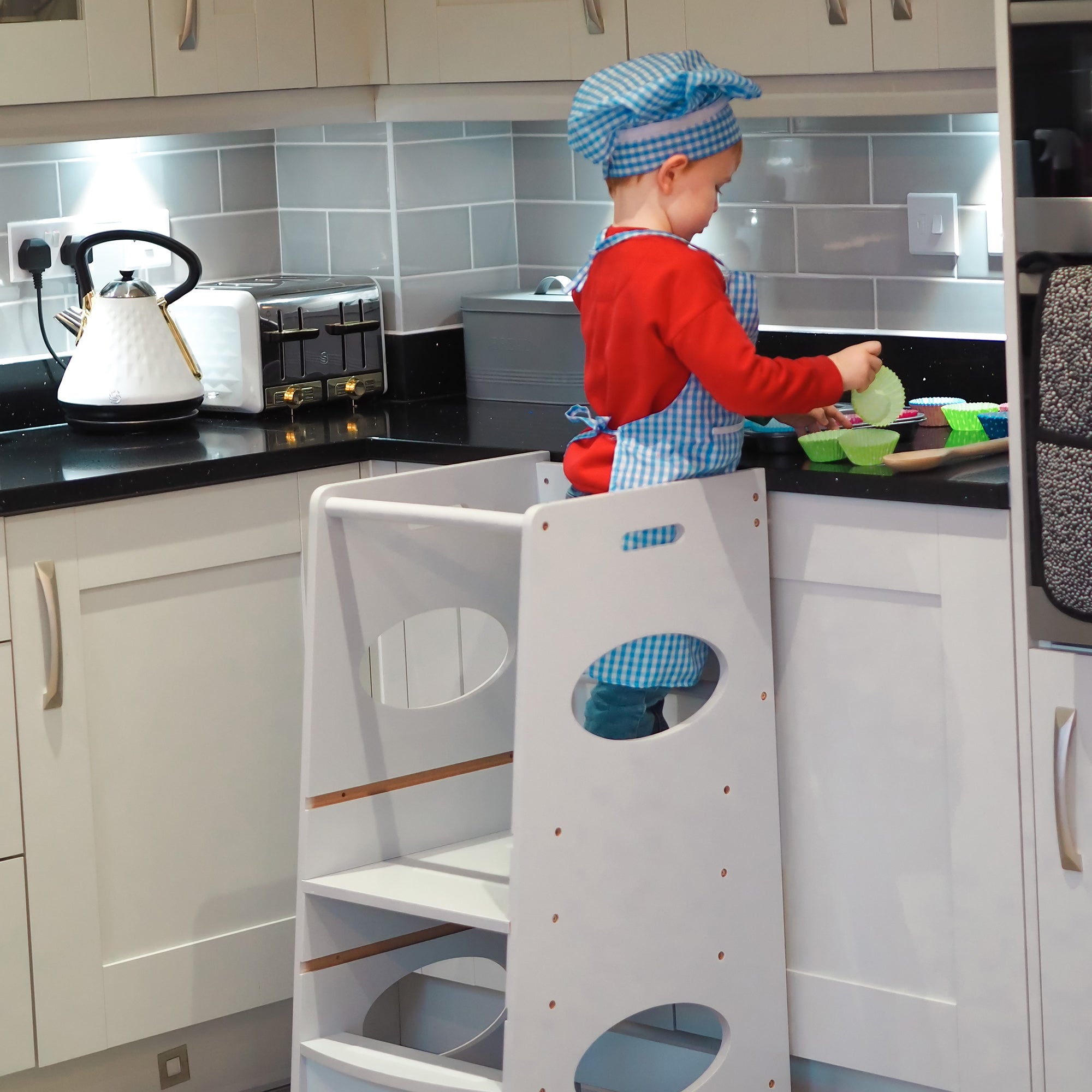 Wooden Learning Tower for Kids Child Kitchen Step Stool with Adjustable Height in 3 Positions and Safety Bar 40x50x90 cm Gray