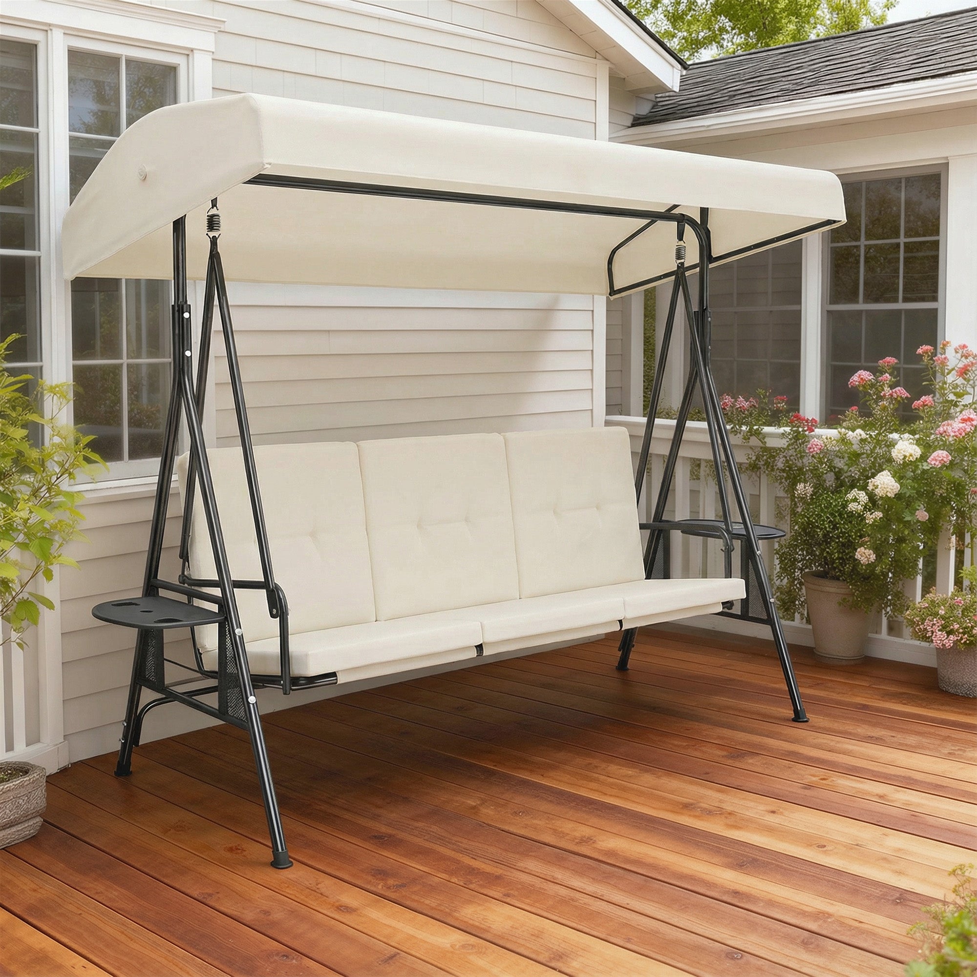 3-Seater Garden Swing — Adjustable Canopy, 2 Side Tables & Cushions, Steel/Polyester, Cream