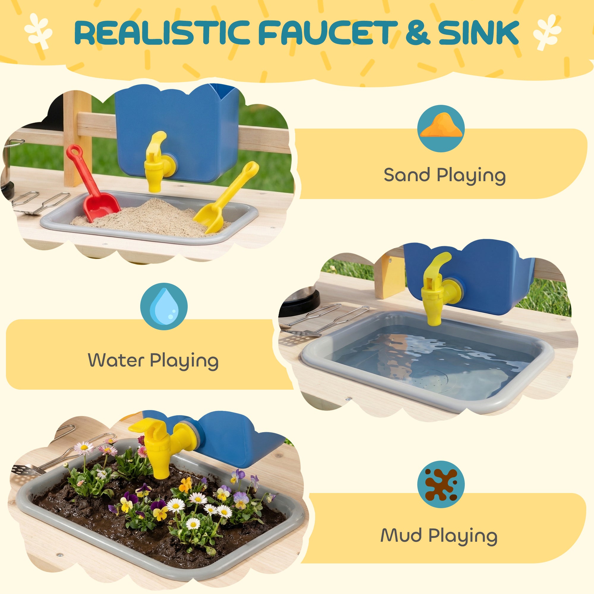 Outdoor Mud Kitchen for Kids — Wooden Play Kitchen with Real Faucet, Sink, Stove, Storage Shelf & Water Tank, Natural Wood — Ages 3+