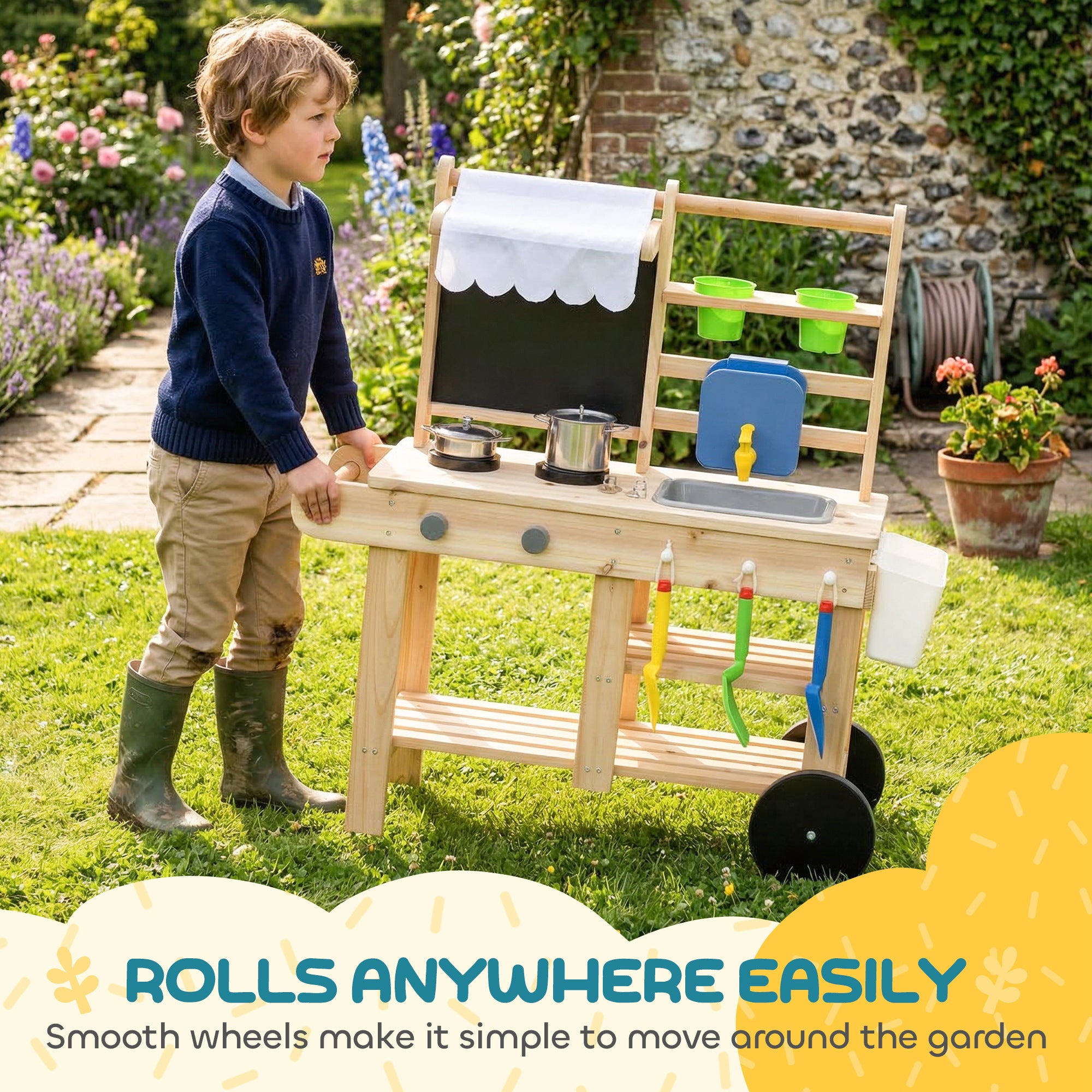 Outdoor Mud Kitchen for Kids — Wooden Play Kitchen with Real Faucet, Sink, Stove, Storage Shelf & Water Tank, Natural Wood — Ages 3+