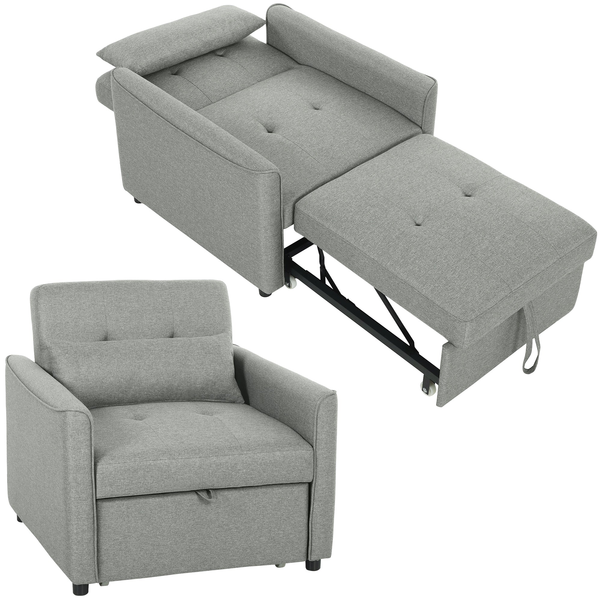 3-in-1 Convertible Sleeper Chair — Adjustable Backrest, Wide Seat, Lumbar Pillow, Linen-Look Sofa Bed, Gray
