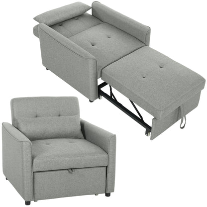 3-in-1 Convertible Sleeper Chair — Adjustable Backrest, Wide Seat, Lumbar Pillow, Linen-Look Sofa Bed, Gray