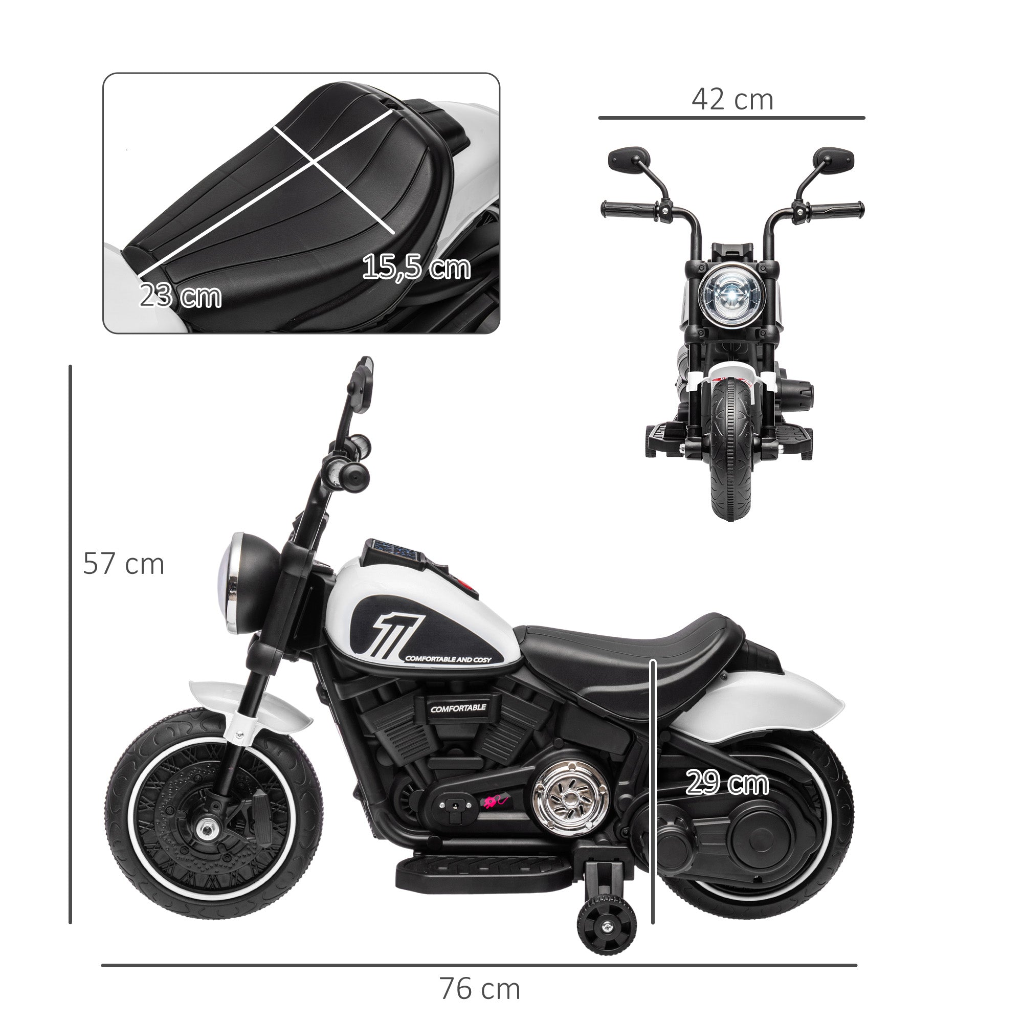Children's Motorcycle Kids Electric Motorbike Electric Vehicle Children's Vehicle with 2 Removable Training Wheels, 3 km/h, for 1.5-3 Years White Kids 76 x 42 x 57 cm