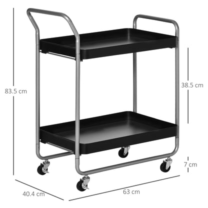 2-Tier Serving Trolley with Handles and Swivel Wheels, Metal Storage Trolley for Kitchen Living Room, 63x40.4x83.5cm, Black
