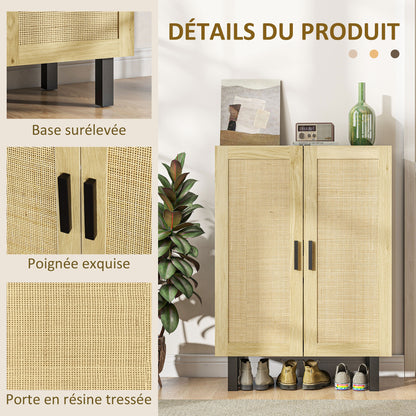 Rattan Effect Cupboard Storage Cabinet with Adjustable Shelves, Bohemian Style, Storage Wardrobe for Living Room, Kitchen, Bedroom, 73 x 41 x 102 cm, Black and Natural Wood