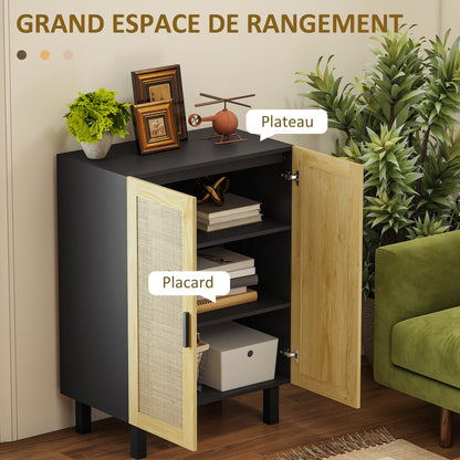 Rattan Effect Cupboard Storage Cabinet with Adjustable Shelves, Bohemian Style, Storage Wardrobe for Living Room, Kitchen, Bedroom, 73 x 41 x 102 cm, Black and Natural Wood