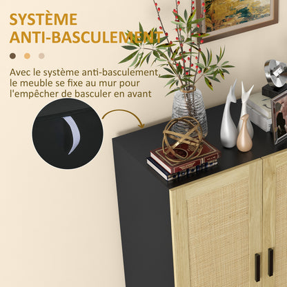 Rattan Effect Cupboard Storage Cabinet with Adjustable Shelves, Bohemian Style, Storage Wardrobe for Living Room, Kitchen, Bedroom, 73 x 41 x 102 cm, Black and Natural Wood