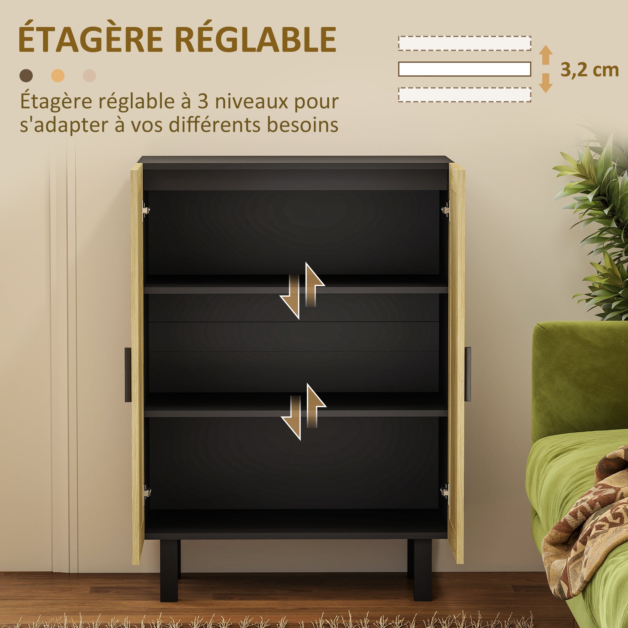 Rattan Effect Cupboard Storage Cabinet with Adjustable Shelves, Bohemian Style, Storage Wardrobe for Living Room, Kitchen, Bedroom, 73 x 41 x 102 cm, Black and Natural Wood