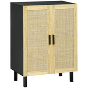 Rattan Effect Cupboard Storage Cabinet with Adjustable Shelves, Bohemian Style, Storage Wardrobe for Living Room, Kitchen, Bedroom, 73 x 41 x 102 cm, Black and Natural Wood