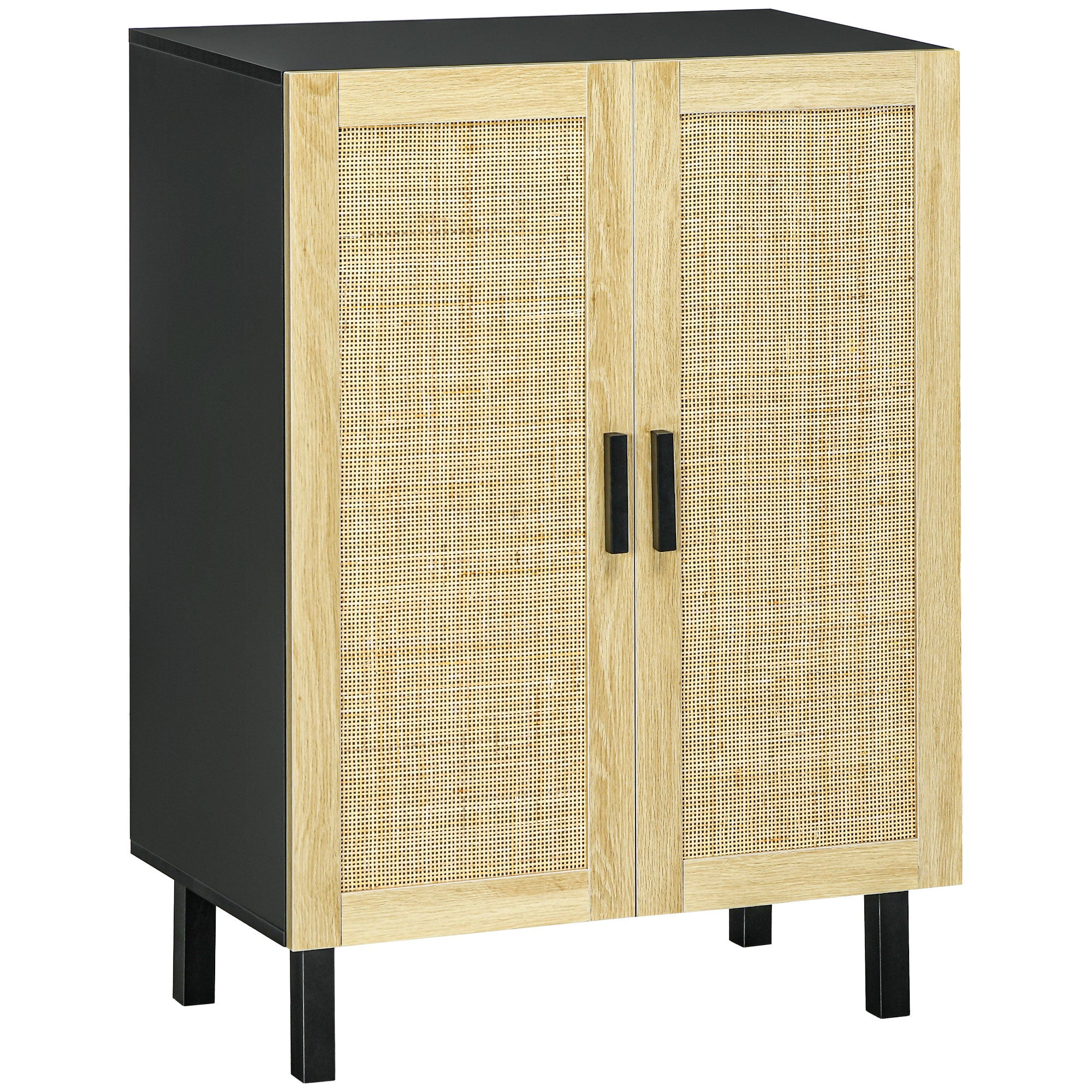 Rattan Effect Cupboard Storage Cabinet with Adjustable Shelves, Bohemian Style, Storage Wardrobe for Living Room, Kitchen, Bedroom, 73 x 41 x 102 cm, Black and Natural Wood